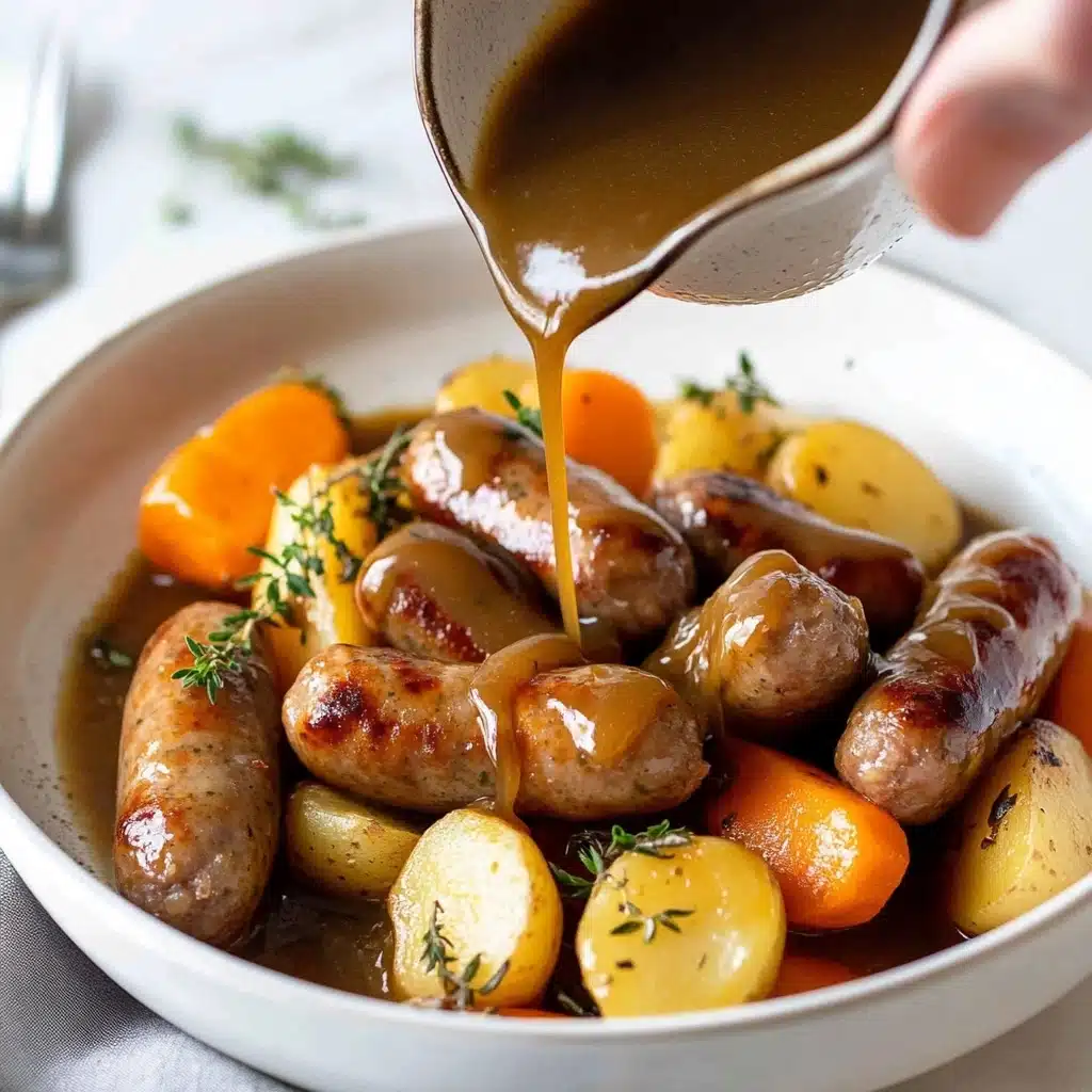 Oven Baked Sausages with Potatoes, Vegetable AND Gravy! Recipe - Recipe Image