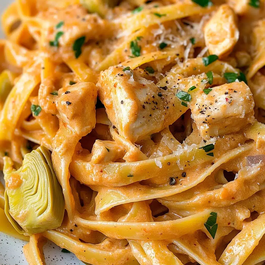 Creamy Chicken Artichoke Pasta, chicken artichoke pasta, creamy pasta with chicken and artichokes, easy chicken pasta recipes, quick weeknight pasta dinner This close-up image shows a plate full of cooked fettuccine pasta mixed with pieces of light orange cream sauce-coated chicken and yellow artichoke hearts. The pasta strands are thick and glossy with a smooth texture, covered evenly in a creamy, reddish-orange sauce with small flecks of black pepper. There are small bits of green herbs scattered throughout, adding color contrast. Some grated white cheese is sprinkled lightly over the dish, and the background is a white marbled texture.