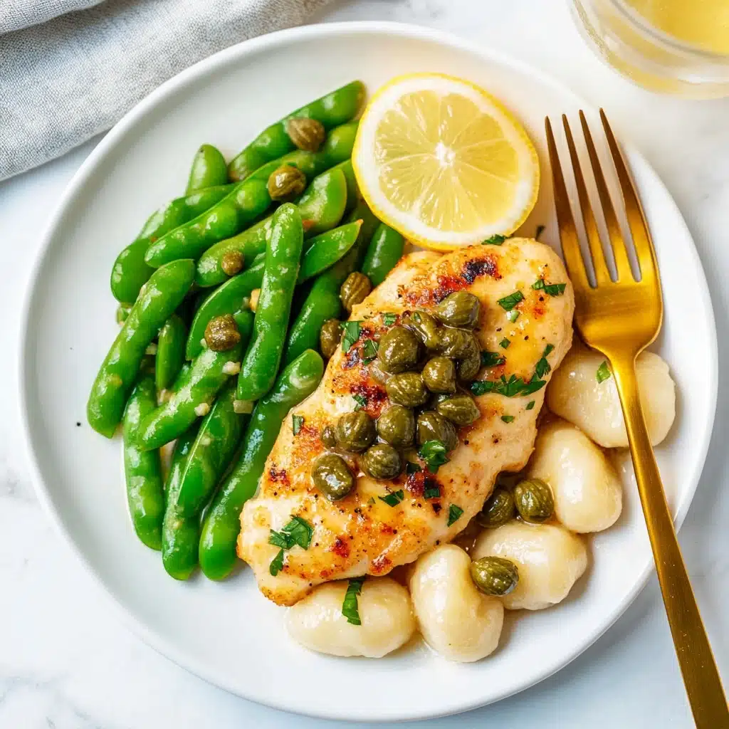 Chicken Piccata with Gnocchi, chicken piccata recipes, lemon chicken gnocchi, easy Italian chicken dishes, quick dinner ideas A white plate with three main parts: on the left side, bright green sugar snap peas with a smooth, shiny texture, piled neatly; on the right side, a piece of golden-brown cooked chicken with small green capers and chopped parsley sprinkled on top, resting on a sliced lemon wedge; at the bottom, a layer of soft, off-white gnocchi with some parsley and capers garnished, all on a white marbled surface. A golden fork is placed near the plate's bottom right, and a light-colored drink in a glass is partially visible at the top right of the image.