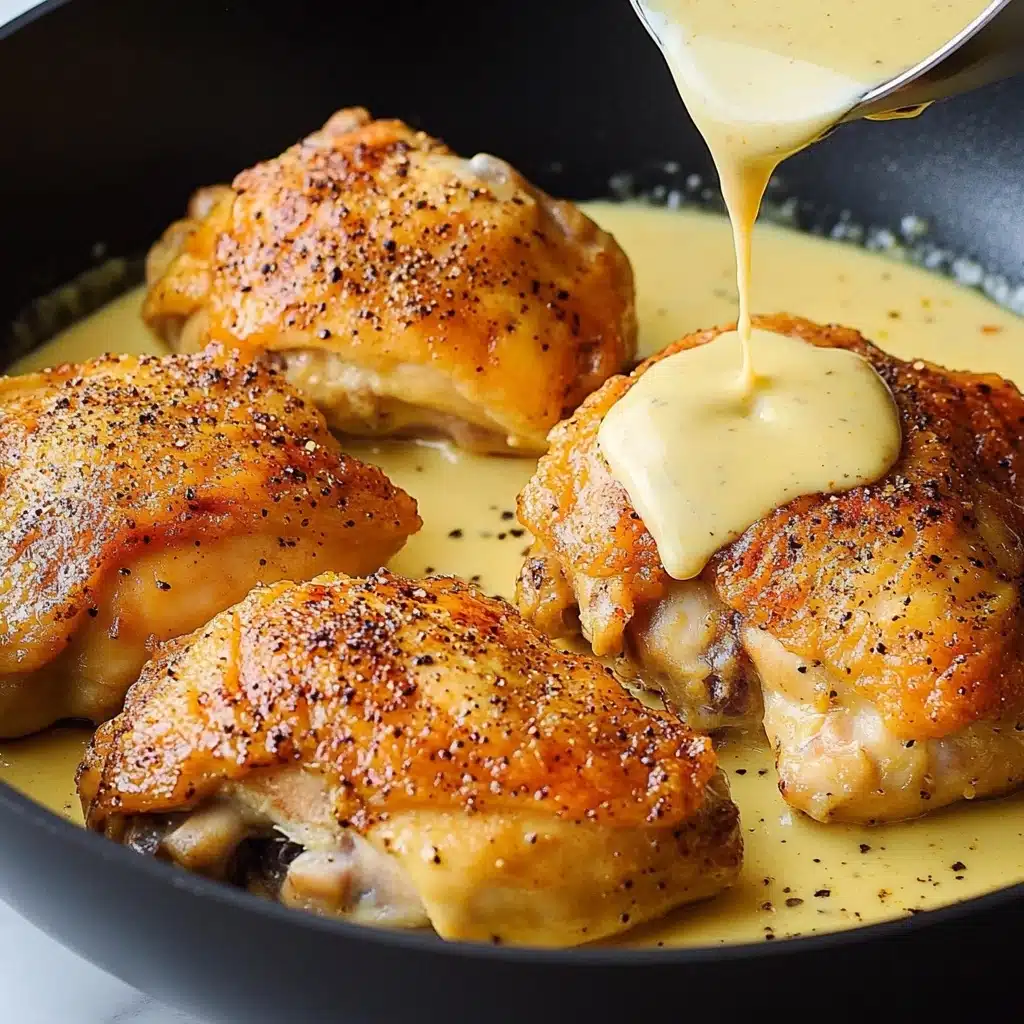 Creamy Dijon Chicken, creamy Dijon chicken recipe, easy dinner ideas, quick chicken dishes, flavorful chicken recipes In a black pan, there are four golden brown pieces of cooked chicken with crispy skin and sprinkled with black pepper and spices, sitting in a light yellow sauce that is shallow in the pan. A creamy pale yellow sauce is being poured over one piece on the front right side, showing a smooth texture contrasting with the chicken's crispiness. The pan and food rest on a white marbled surface.
