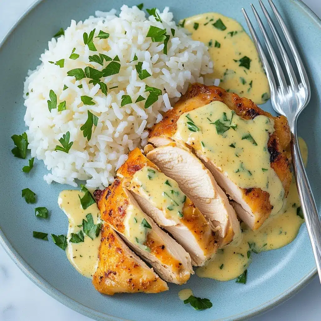 Creamy Dijon Chicken, creamy Dijon chicken recipe, easy dinner ideas, quick chicken dishes, flavorful chicken recipes A light blue round plate holds two main layers: on the left is a mound of white, fluffy rice with a few small green parsley leaves scattered on top; on the right is a cooked chicken layer, with one piece whole and golden brown with a smooth creamy light yellow sauce drizzled on top, decorated with small green parsley leaves. Below the whole piece are several sliced chicken pieces, also golden on the outside and light inside, topped with the same creamy sauce and scattered parsley. A silver fork sits on the right side of the plate, resting on the white marbled surface beneath.