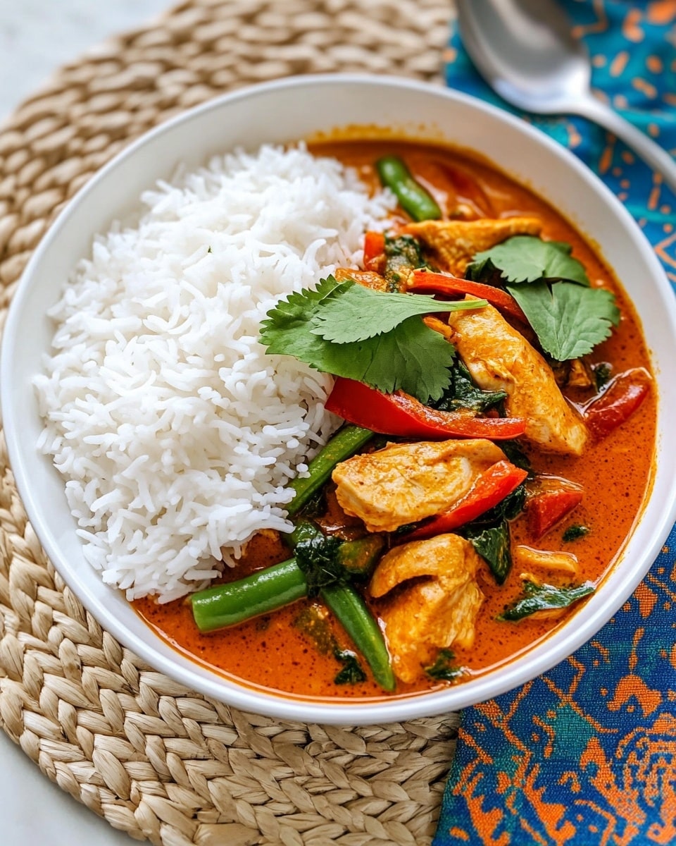 Thai Red Curry Chicken, Thai red curry recipe, chicken Thai curry, authentic Thai curry, easy Thai chicken A white bowl holds a dish with two main parts: on the left is a neat mound of white rice with a soft, fluffy texture, and on the right is a rich orange-red curry with pieces of tender cooked chicken, green beans, red bell pepper strips, and fresh spinach leaves, all mixed in a smooth sauce. Bright green cilantro leaves are scattered on top of the curry for garnish. The bowl sits on a round woven placemat over a white marbled surface, next to a silver spoon and fork resting on a vibrant blue and orange patterned cloth.