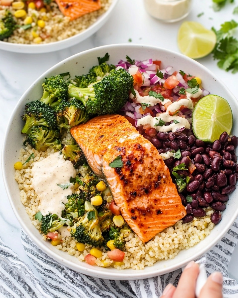 Teriyaki Salmon Bowl with Veggies and Avocado, healthy salmon bowl, easy salmon dinner, quick seafood recipes, colorful rice bowl The image shows a white bowl filled with a colorful meal arranged in layers. The bottom layer is light yellow couscous, soft and grainy, covering the entire base of the bowl. On top of the couscous, there are bright green roasted broccoli florets clustered on one side. Next to the broccoli is a section of mixed black beans, corn, and finely chopped tomatoes and onions, creating a dark and red-speckled texture. A piece of cooked salmon with a shiny orange-pink surface sits partially on top of the couscous and broccoli, with some white sauce drizzled on the salmon. A woman's hand is holding a white spoon dipping into the bowl. The bowl is placed on a soft striped cloth on a white marbled surface with lime slices and small containers of oil or sauce nearby.