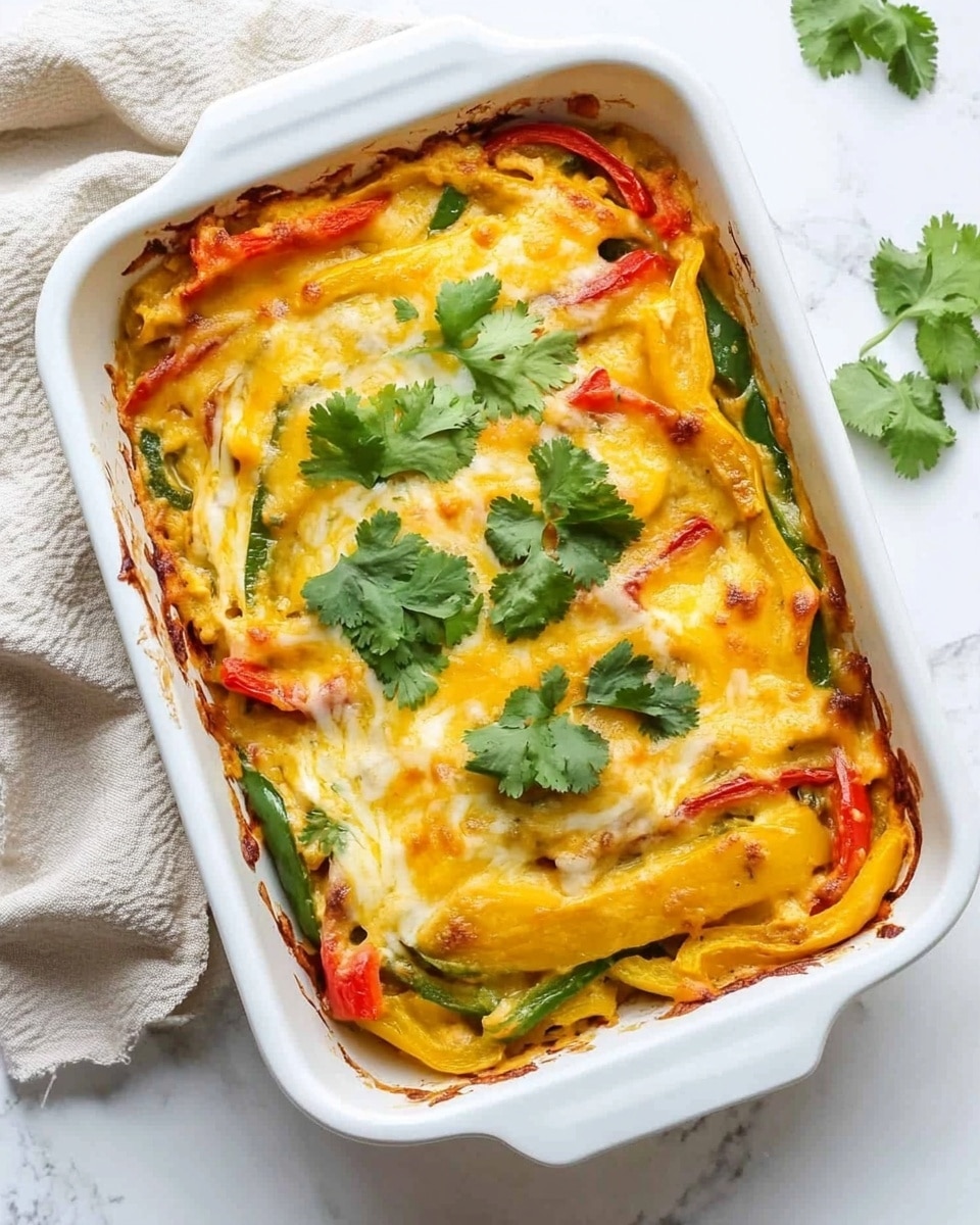 Chicken Fajita Casserole, Easy Chicken Fajita Bake, Mexican Chicken Casserole, Budget-Friendly Fajita Dish, Weeknight Fajita Dinner This image shows a white baking dish filled with a layered casserole. The bottom layer consists of cooked white strips that look like chicken mixed with sliced bell peppers in red, green, and yellow colors spread evenly. On top, there is a thick melted layer of bright orange cheese covering the vegetables and chicken. Small green cilantro leaves are scattered on the melted cheese for garnish. The dish sits on a white marbled surface.