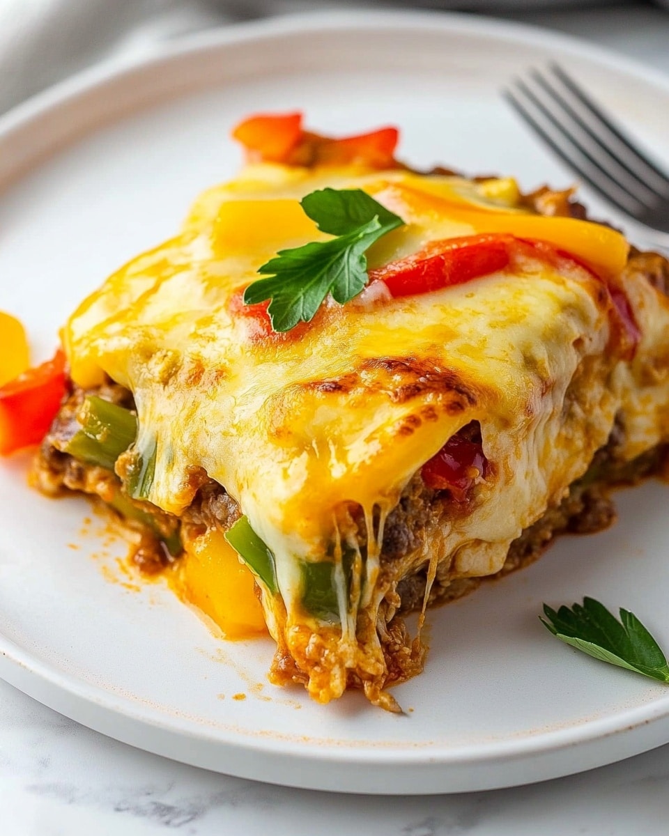 Chicken Fajita Casserole, Easy Chicken Fajita Bake, Mexican Chicken Casserole, Budget-Friendly Fajita Dish, Weeknight Fajita Dinner On a white plate with a white marbled surface, there is a dish with three main layers. The bottom layer is a piece of cooked meat with a light brown, crispy texture. On top of this is a layer of melted yellow-orange cheese that looks soft and warm. Scattered on the cheese are slices of red, green, and yellow bell peppers, adding bright color and a slightly shiny texture. A small green herb leaf is placed on top for garnish. A silver fork rests near the edge of the plate.