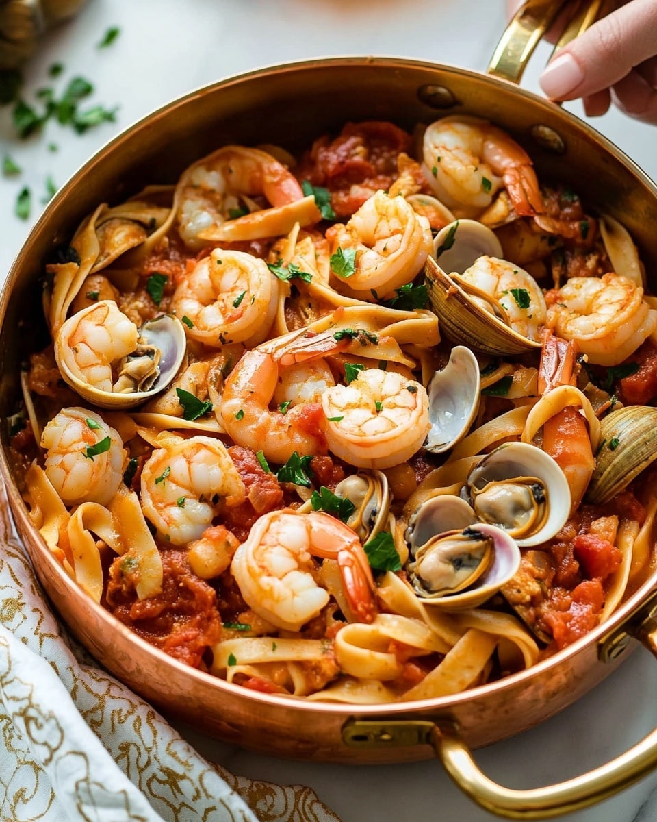 Seafood Fra Diavolo, seafood pasta recipes, spicy seafood dishes, seafood medley recipes, quick seafood dinners A round metal pan filled with a seafood pasta dish sits on a white marbled surface. The dish has thick, white, spaghetti-like noodles mixed with pink shrimp, light brown scallops, and closed clam shells. Bright red tomato pieces and green chopped herbs are scattered throughout, adding vibrant color. The pan’s lid rests open to the side on a white cloth with gold embroidery. Nearby, there is a white plate with gold-colored cutlery and two glasses of light-colored drinks in the background.