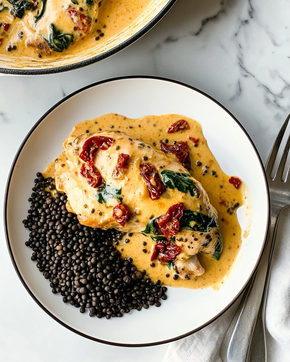 Creamy Tuscan Chicken, easy creamy chicken dinner, garlic sun-dried tomato chicken, weeknight chicken recipes, comforting chicken pasta dish A white plate with a black rim holds two main parts: on the left, a pile of small, shiny black lentils, and on the right, a piece of light golden chicken covered with a creamy orange sauce that has pieces of dark green spinach and red sun-dried tomatoes mixed in. The sauce looks thick and smooth with some black pepper visible. To the right of the plate, a silver fork rests partially on the plate, with a silver knife beside it on a white marbled surface. Above, a white pan with a black rim contains more pieces of chicken in the same creamy orange sauce with spinach and sun-dried tomatoes. The