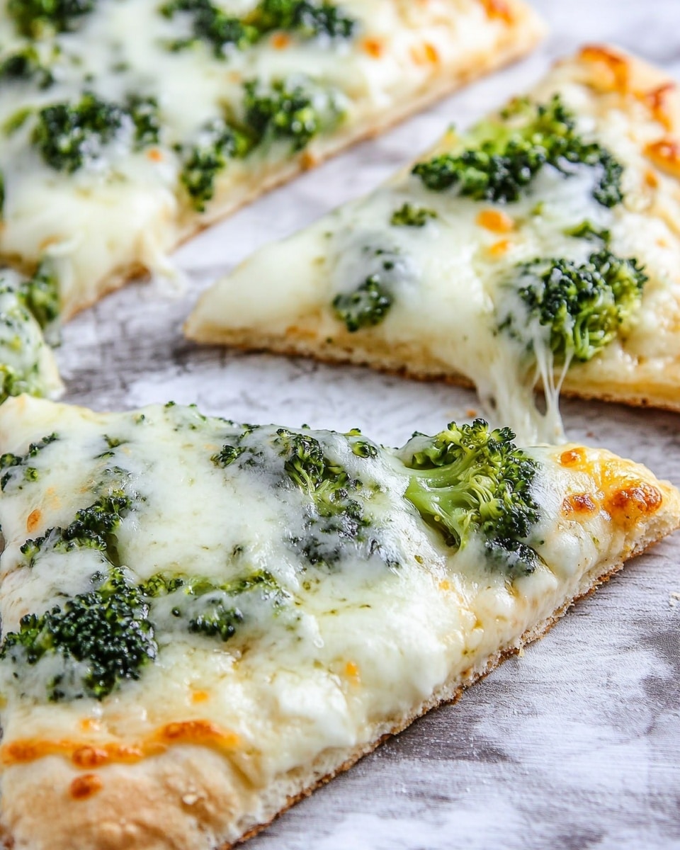 Chicken and Broccoli Alfredo Flatbread Pizza, easy chicken flatbread pizza, creamy Alfredo flatbread, quick weeknight pizza recipe, healthy flatbread dinner A flat pizza with one main layer of light golden-brown crust topped unevenly with white melted cheese and bright green broccoli florets spread across it. The cheese has a smooth, slightly shiny texture covering parts of the broccoli and the crust edges. There are loose bits of shredded cheese scattered on the gray wooden surface next to the pizza, along with a small pile of fresh green broccoli. The surface beneath the pizza is white marbled texture.