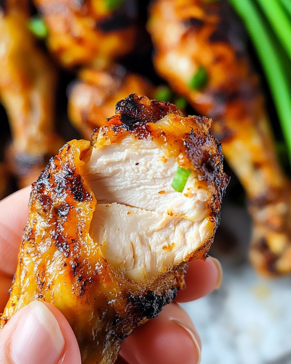 Air Fryer Chicken Wings, crispy chicken wings, easy air fryer wings, healthy wing recipes, game day snack wings A close-up view shows a grilled chicken drumstick held between a woman's thumb and fingers, with the white cooked meat inside visible where a bite has been taken. The drumstick has a crispy, golden-brown skin with some charred black spots and small green herb pieces on its surface. The background features blurred white marbled texture and green shapes that suggest green onions. The detailed texture of the chicken skin contrasts with the smooth, white meat inside.