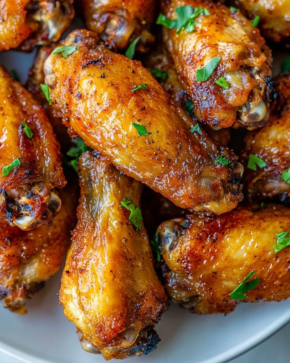 Air Fryer Chicken Wings, crispy chicken wings, easy air fryer wings, healthy wing recipes, game day snack wings A close-up view of a plate filled with golden brown chicken wings arranged closely together, showing a crispy texture with some darker grilled spots. The wings have a slightly shiny surface with hints of light oil and seasonings visible, topped with small green herb pieces scattered across the top for contrast. The white plate beneath the chicken wings has a smooth surface and is set against a white marbled background.