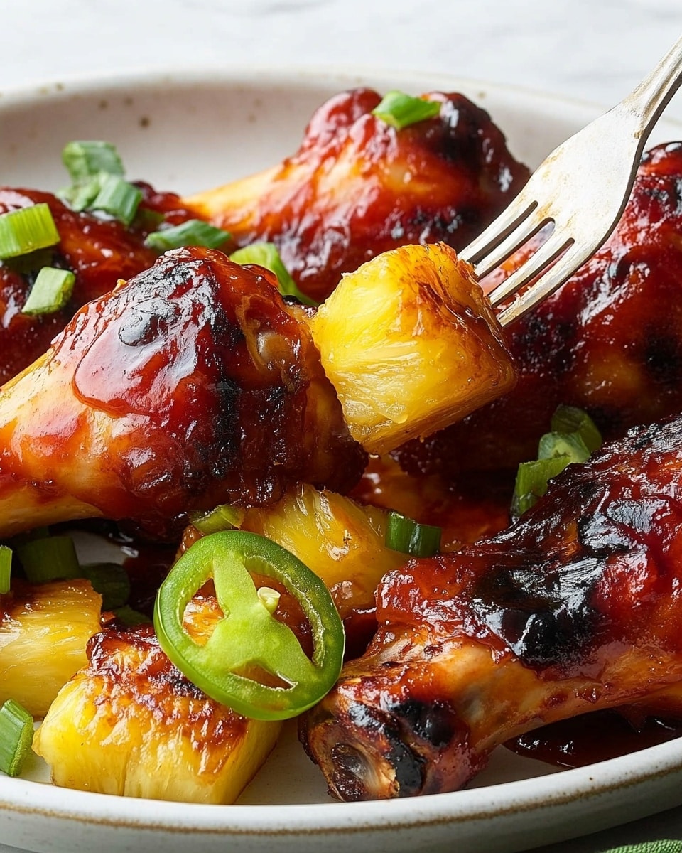 Sheet-Pan BBQ Pineapple Chicken, BBQ Pineapple Chicken, Pineapple Chicken with BBQ Sauce, Easy Sheet-Pan Chicken Dinner, Sweet Spicy Pineapple Chicken The dish shows several pieces of glazed chicken drumsticks arranged on a white plate, each covered in a shiny, dark red barbecue sauce with some charred spots. Thin pineapple rings with a golden, slightly caramelized texture sit on top and between the chicken pieces, adding a bright yellow contrast. Small slices of green jalapeño and chopped green onions are sprinkled over the entire dish for a fresh, sharp green touch. A silver serving fork is lifting one of the chicken drumsticks from the plate, revealing the tender, layered meat underneath. The plate is set on a white marbled surface.