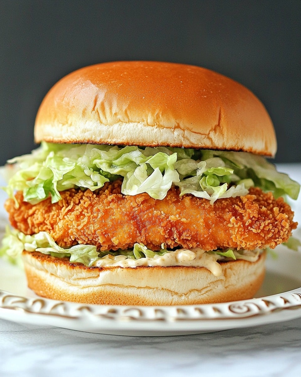 Fried Chicken Caesar Sandwich, Caesar Sandwich with Fried Chicken, Crispy Chicken Caesar Sandwich, Easy Fried Chicken Sandwich, Juicy Fried Chicken Sandwich A sandwich with a soft golden top bun on the top, followed by a layer of fresh green shredded lettuce mixed with creamy white sauce, resting on a thick crispy breaded chicken fillet that has a crunchy textured coating in light brown shades. The bottom bun looks soft and pale golden. The sandwich is placed on a white plate with a decorative edge, set on a surface with a white marbled texture.