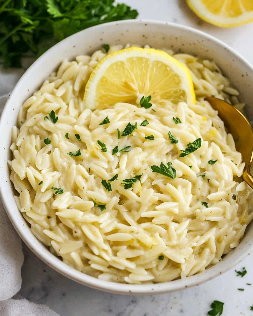One Pot Lemon Orzo Pasta, Lemon Orzo Pasta, Easy Lemon Orzo Recipe, Creamy Lemon Pasta, One Pot Pasta Dinner A white bowl filled with creamy lemon orzo pasta, where small rice-shaped noodles are glossy and light yellow. The orzo is topped with small green parsley bits scattered in the middle and around the edges. On one side of the bowl, there are two thin, bright lemon slices with a yellow rind, resting on top of the orzo. A gold spoon is partially dipped into the orzo on the right side of the bowl. The bowl is on a white marbled surface, with some green leaves and a lemon wedge just outside the bowl.