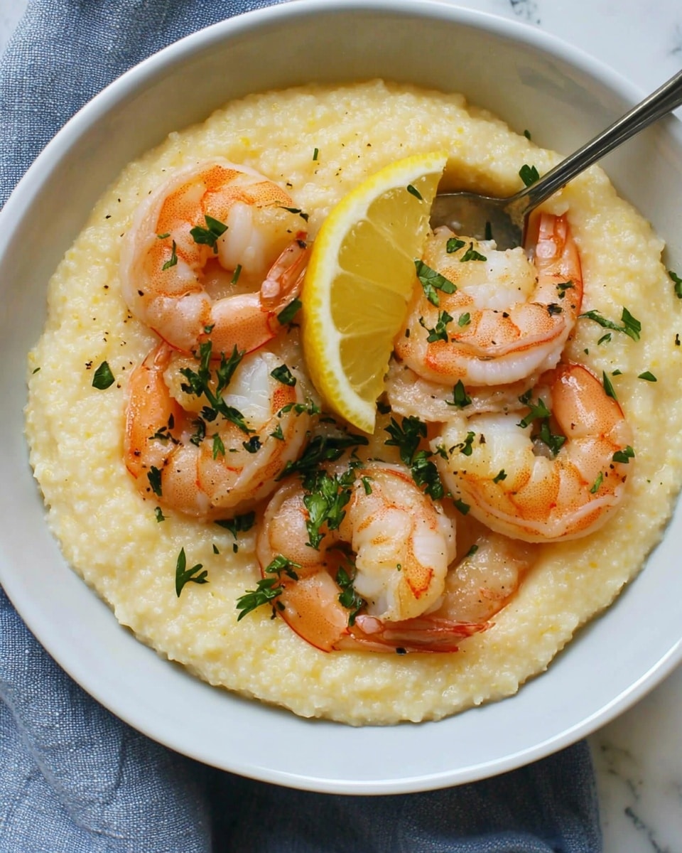 Lemon Garlic Shrimp & Grits, Shrimp and Grits with Lemon and Garlic, Easy Shrimp Grits Recipe, Quick and Flavorful Shrimp and Grits, Comfort Food with Fresh Flavors A white bowl filled with a creamy pale yellow grits layer at the bottom, topped with light pink cooked shrimp scattered evenly, sprinkled with small bits of green herbs. A wedge of bright yellow lemon sits on the rim of the bowl. A silver spoon is placed inside the bowl resting on the grits near the shrimp. The bowl is set on a soft blue cloth over a white marbled background.