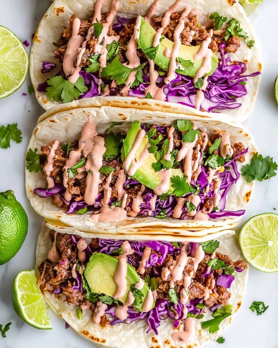 Three soft white tortillas are folded and filled with layers starting at the bottom with cooked brown meat, topped with bright purple shredded cabbage, and chunks of green avocado on top. Light pink creamy sauce is drizzled over the cabbage and avocado, with green cilantro leaves placed on top for garnish. The tacos rest on a white marbled surface with a lime wedge and some scattered purple cabbage and green onion pieces nearby. Photo taken with an iphone --ar 4:5 --v 6.1