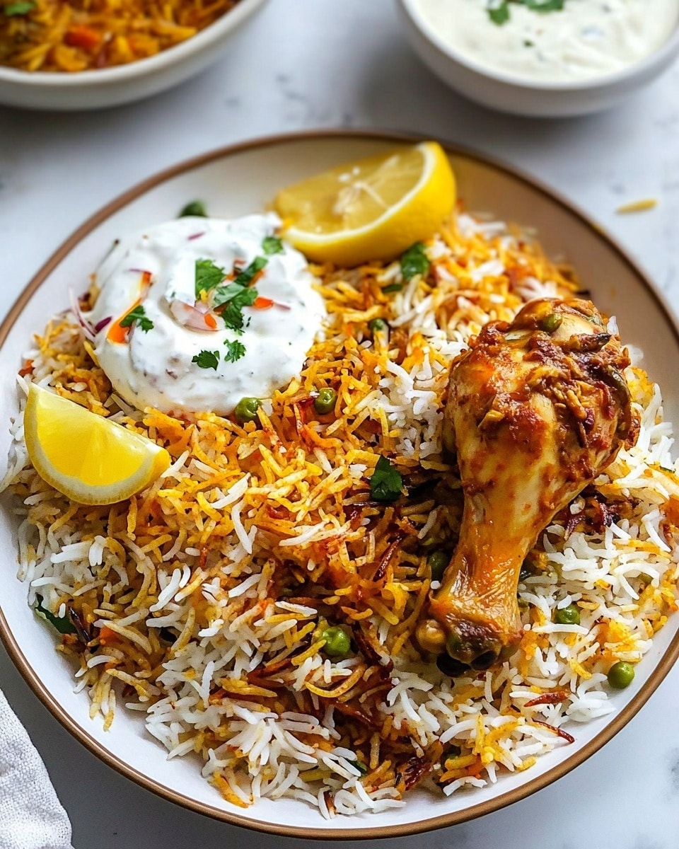 The dish shows a white plate filled with layers of biryani rice, with long grains colored white and yellow-orange mixed with browned fried onions and green herbs spread throughout. On the right side of the plate, there is a single yellow-orange cooked chicken drumstick nestled in the rice. Next to the drumstick, on the top right of the plate, is a small serving of creamy white yogurt sauce with visible small pieces of red and green vegetables. A bright yellow lemon wedge rests on the top left edge of the rice. The plate is set on a white marbled surface with additional bowls partially visible, including a white bowl with more yogurt sauce at the top left and a white bowl with more biryani rice at the top right. Photo taken with an iphone --ar 4:5 --v 6.1