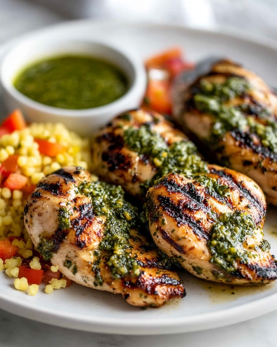 A white plate rests on a white marbled surface, holding grilled chicken pieces arranged in a small pile on the left side, each piece showing brown and golden grill marks with a drizzle of green herb sauce on top. To the right, there is a serving of couscous mixed with yellow and red cherry tomato halves and small white cheese chunks scattered evenly throughout. At the bottom right edge of the plate, a small round beige bowl holds extra green sauce with red chili flakes visible on the sauce s surface, a spoon resting inside the bowl. The whole scene is bright and fresh-looking, photo taken with an iphone --ar 4:5 --v 6.1