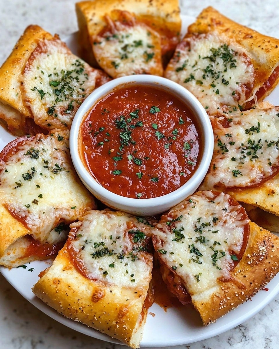 A white round plate holds six folded sandwich pieces arranged in a circle around a small white bowl filled with thick red marinara sauce topped with a sprinkle of white cheese. Each sandwich piece has a golden brown crispy crust with a light sprinkling of green herbs and visible layers inside that include melted white cheese, bright red pepperoni slices, and a glossy layer of red sauce. In the top right, a woman's hand with purple nail polish is dipping one sandwich piece into the sauce. The background is a white marbled surface. photo taken with an iphone --ar 4:5 --v 6.1