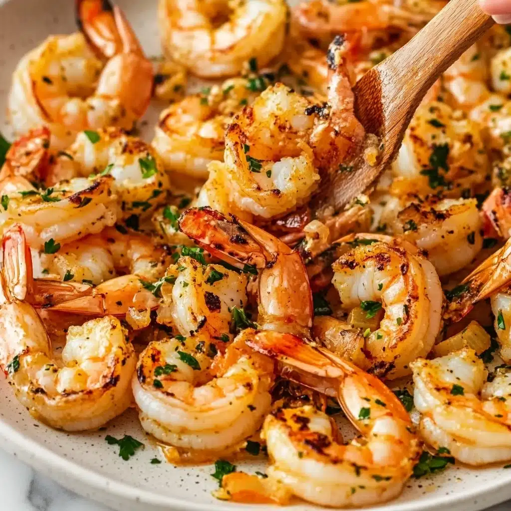 Easy Shrimp Scampi, shrimp scampi with garlic and lemon, quick seafood dinner, effortless shrimp pasta, gourmet shrimp dish The image shows a round white plate full of cooked shrimp with tails on, arranged in layers. The shrimp are pinkish-orange with light brown grill marks and a slightly shiny texture, topped with chopped green herbs scattered all over. The shrimp appear juicy and are placed closely together, filling the plate. A woman's hand holding a small wooden spatula is lifting some shrimp from the plate. The plate is set on a white marbled surface.