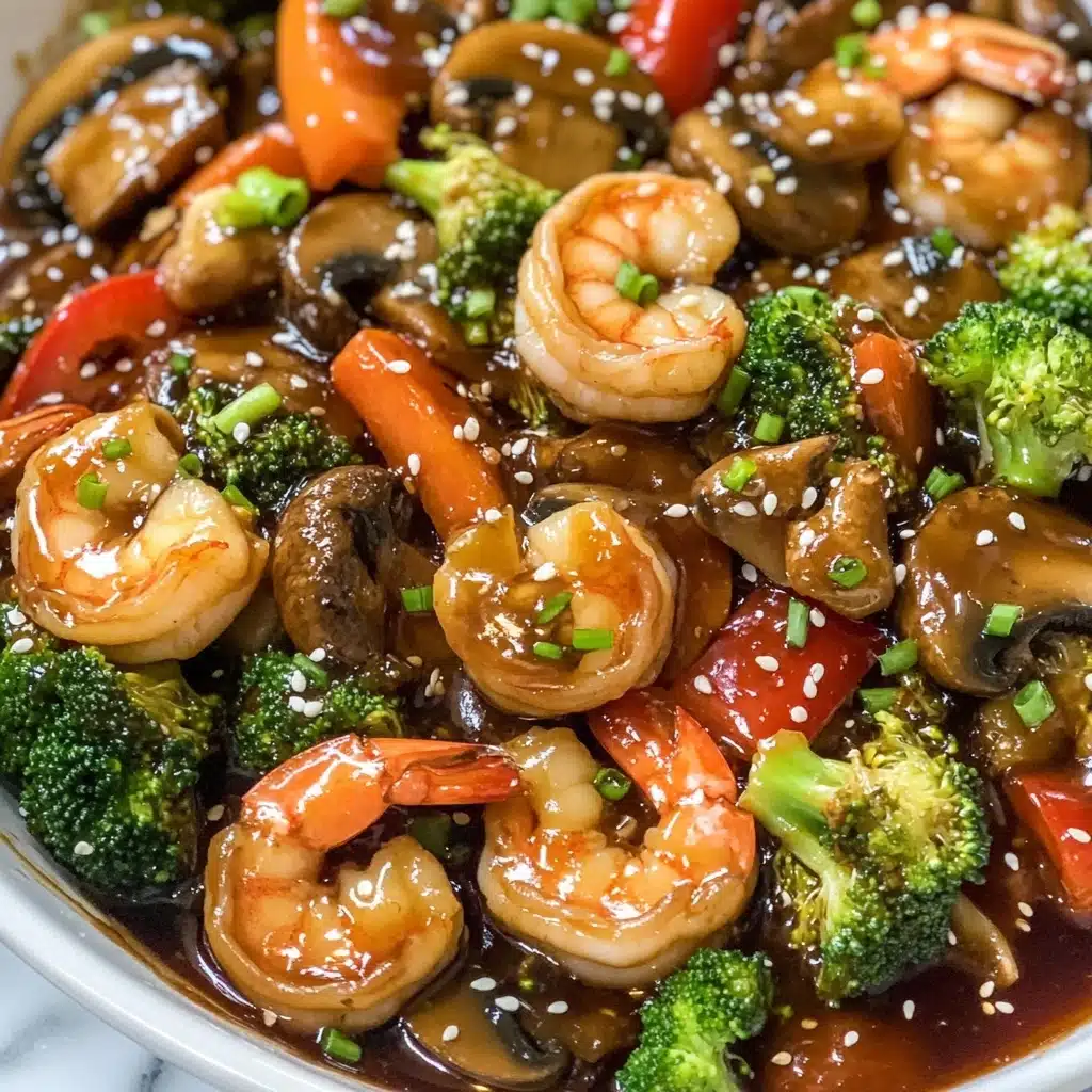 Easy Shrimp Stir Fry, Shrimp Stir FryRecipe, Quick Shrimp Dinner, Healthy Shrimp Stir Fry, Easy Weeknight Stir Fry This image shows a dish with cooked shrimp that are bright orange and glossy, mixed with green broccoli florets, red bell pepper slices, and light brown mushroom pieces all covered in a dark, shiny sauce. Small white sesame seeds and chopped green onions are sprinkled on top, adding texture and color contrast. A wooden spoon is lifting some shrimp, broccoli, and mushrooms from a white bowl, which sits on a white marbled surface.