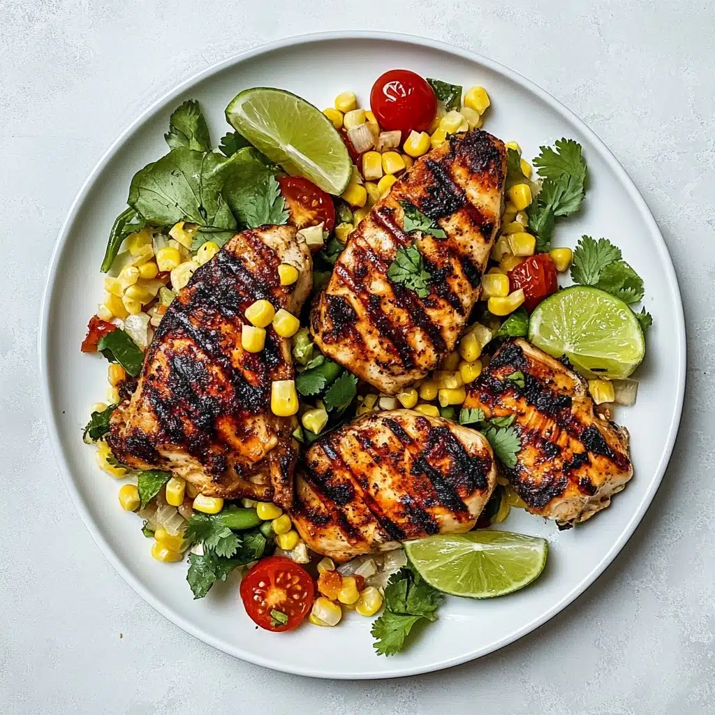 Grilled Chicken Thighs with Succotash, easy summer chicken recipes, smoky grilled chicken, fresh vegetable side dishes, summer dinner ideas A white plate holds five warmly grilled pieces of dark brown chicken, arranged in a circle and topped with a vibrant mix of yellow corn kernels, light tan large beans, halved red cherry tomatoes, and bright green basil and cilantro leaves scattered across. Fresh lime wedges with a shiny texture are placed between the chicken pieces, adding pops of light green around the dish. The plate is set on a white marbled surface with another white plate slightly visible nearby, filled with a similar corn and bean mix. The overall scene has a fresh, colorful, and inviting look.