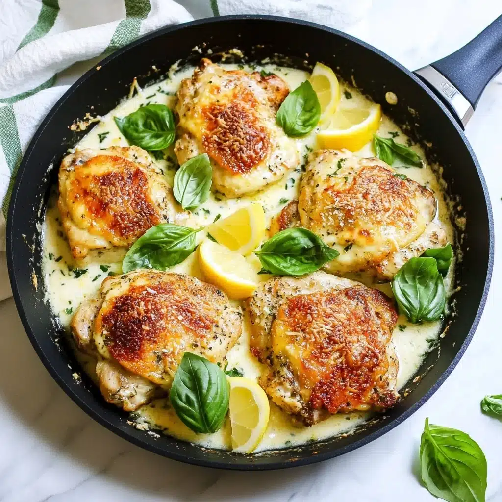 Cacio e Pepe Chicken Thighs, Italian chicken recipes, crispy chicken thighs with cheese sauce, easy Italian chicken dinner, flavorful chicken thigh recipes A black round pan filled with six golden-brown cooked chicken pieces, each topped with a layer of melted cheese that is light yellow with some golden toasted spots. Underneath the chicken pieces is a creamy white sauce spread evenly across the pan’s bottom. Bright green fresh basil leaves are scattered on top and around the chicken, adding a pop of color. There are four lemon wedges placed between the chicken pieces, showing a bright yellow outer peel and light yellow juicy inside. The pan is placed on a white marbled surface with a white cloth with green stripes beside it.