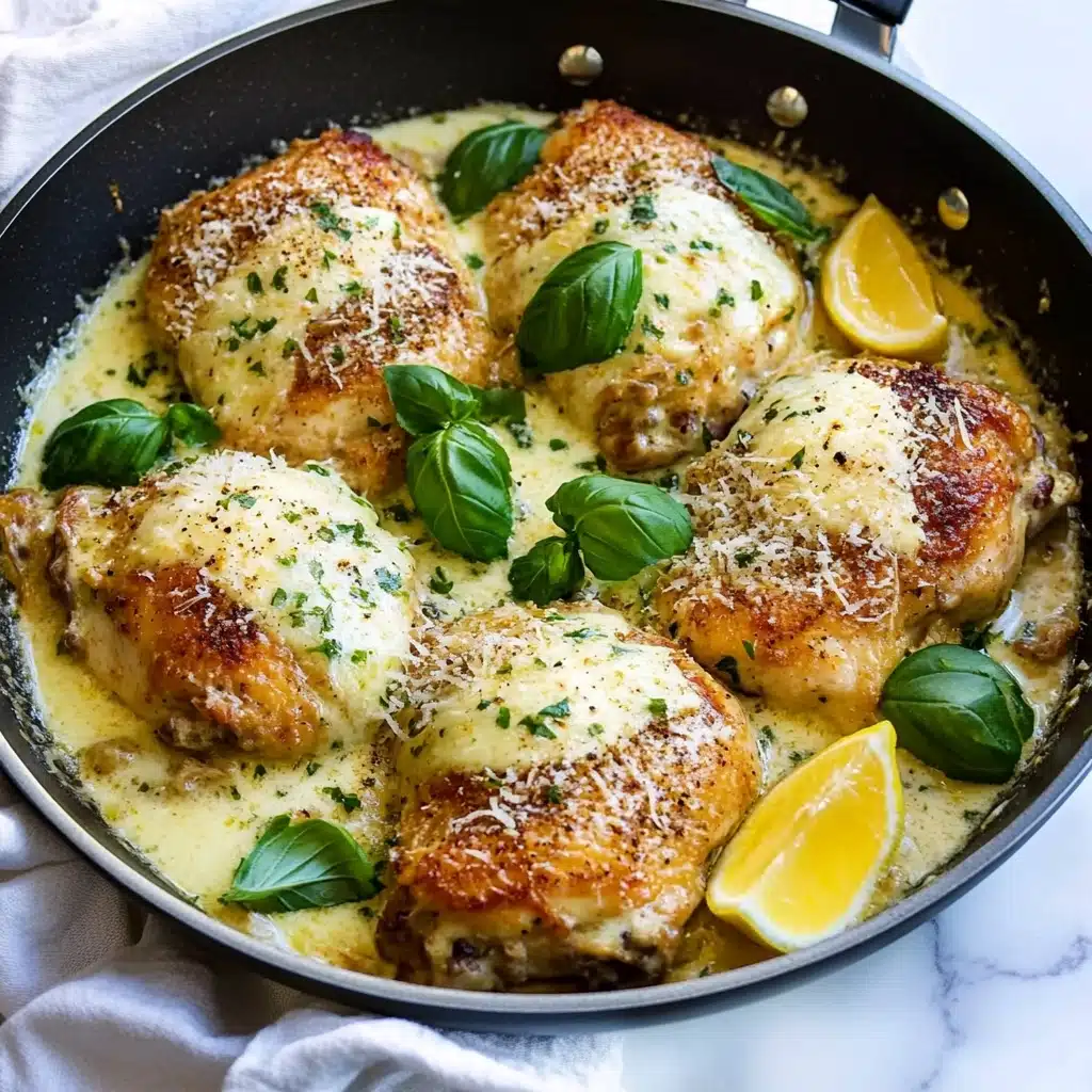 Cacio e Pepe Chicken Thighs, Italian chicken recipes, crispy chicken thighs with cheese sauce, easy Italian chicken dinner, flavorful chicken thigh recipes A pan filled with seven golden-brown chicken pieces covered with a layer of melted, grated cheese and sprinkled with herbs, each piece resting on a creamy white sauce that pools at the bottom of the pan. Bright green fresh basil leaves are scattered on top and around the chicken, adding color contrast. Two lemon wedges with bright yellow rind and juicy flesh are tucked into the corner of the pan. The pan sits on a white marbled surface, and a white towel is partially visible at the edge.