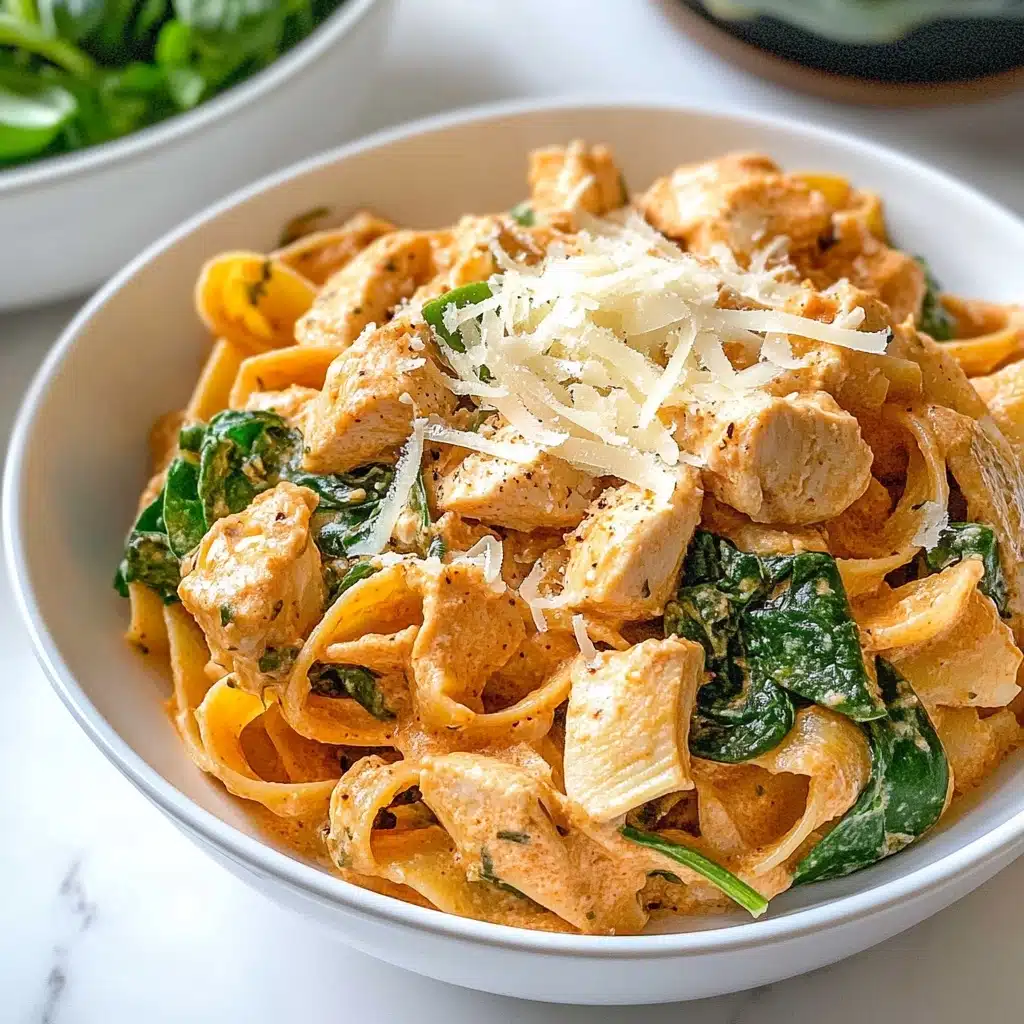 Creamy Chicken Artichoke Pasta, chicken artichoke pasta, creamy pasta with chicken and artichokes, easy chicken pasta recipes, quick weeknight pasta dinner A white bowl holds a dish of creamy pasta with three main layers: at the bottom are flat, wide noodles coated in a light orange sauce, mixed with green spinach leaves and pale artichoke pieces; the middle layer has chunks of seasoned light brown chicken scattered evenly; on top, a light sprinkle of finely shredded white cheese adds texture and contrast. The background is a white marbled surface with a glimpse of a bowl of green salad in the blurred distance.