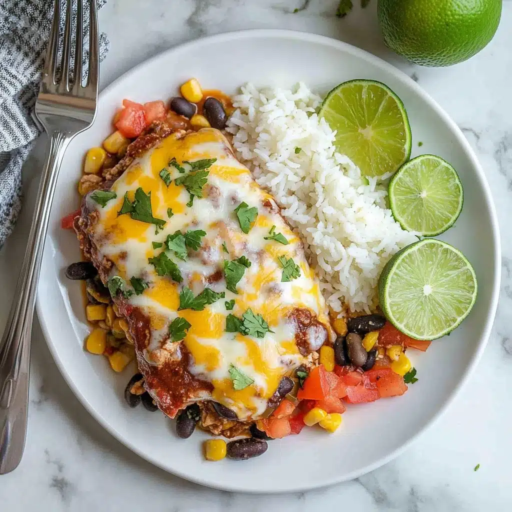 Santa Fe Chicken Skillet, Black Beans Corn and Melted Cheese, southwestern chicken skillet, easy chicken skillet dinner, hearty weeknight chicken dish A white plate on a white marbled surface holds a serving of cooked white rice on the right side with three lime slices resting on top. On the left side, there is a piece of cooked meat covered with melted yellow and white cheese, garnished with small green herbs. Under the cheese and around the meat is a mix of black beans, corn, and diced tomatoes, adding red, black, and yellow colors. A fork is placed resting on the plate's edge near the bottom left, and a knife is beside the plate on the white marbled surface.