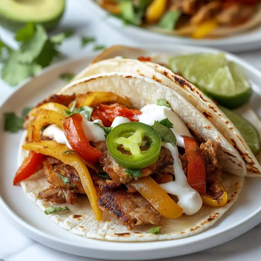 Chicken Fajitas Casserole, Mexican casserole recipe, easy chicken casserole, weeknight dinner ideas, cheesy fajita casserole The image shows a clear glass baking dish full of cooked ingredients layered together. The base layer is golden yellow melted cheese mixed with light brown cooked chicken strips. On top, there are layers of sliced white onions and bright red and yellow bell pepper slices scattered evenly. Some pieces have a light char, giving a slightly browned look. Green herb leaves are sprinkled over the dish, adding a fresh touch. The dish sits on a white marbled surface with a pair of metal tongs resting on the edge. In the background, there is a stack of white tortillas slightly out of focus.
