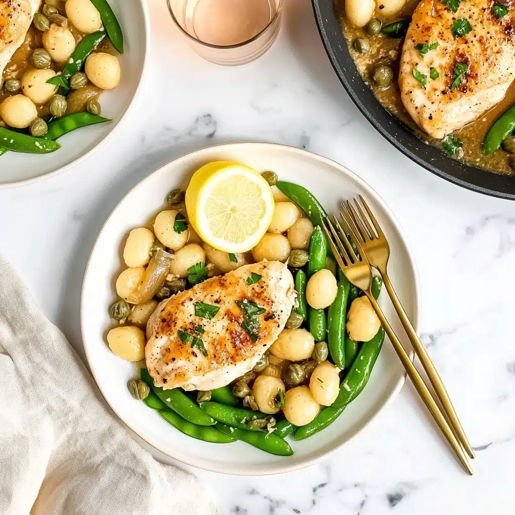 Chicken Piccata with Gnocchi, chicken piccata recipes, lemon chicken gnocchi, easy Italian chicken dishes, quick dinner ideas Two white plates each hold a dish with one golden-brown chicken filet on a bed of pale, small gnocchi pieces with green herbs and capers sprinkled on top. On one side of each plate are bright green, cooked snap peas arranged neatly. Each plate has a thin slice of lemon tucked under the chicken. Two gold forks rest on the plates, one inside a plate and the other beside the gnocchi. To the top right, a pan with more chicken filets and gnocchi in light sauce is partially visible. Two glasses with a light pink liquid sit on the white marbled surface. A light beige cloth is draped near the bottom plate.
