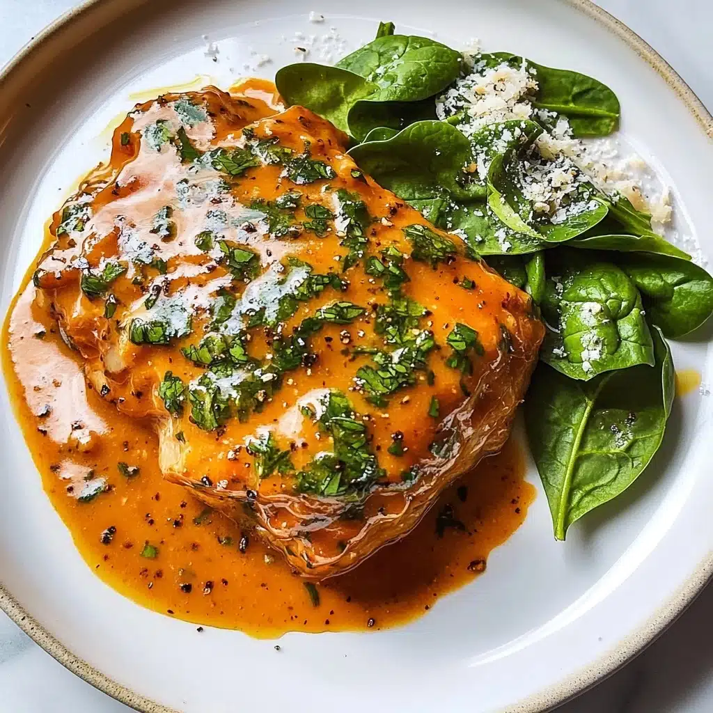 High-Protein Marry Me Chicken, healthy chicken recipes, protein-packed dinner ideas, creamy chicken dishes, easy weeknight chicken recipes A white plate holds a piece of cooked meat covered with a thick orange sauce that has green herbs mixed in, creating a rich textured layer on top. To the side, there is a small pile of fresh spinach leaves with droplets of oil and a sprinkle of black pepper. The sauce shines under the light, showing bits of seasoning, and finely grated white cheese is scattered on top of both the sauce and spinach, adding a delicate texture. The plate is on a white marbled surface.