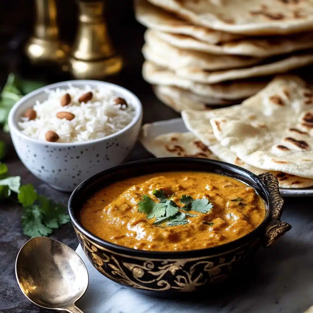 Creamy Butter Chicken Curry, Indian chicken curry recipe, easy butter chicken, homemade Indian curry, creamy tomato chicken dish The image shows a close-up of a round white bowl filled with creamy orange curry that has some texture, likely from meat or vegetables, and is topped with green cilantro leaves. Two folded pieces of flatbread, light beige with dark brown char marks, are dipped into the curry from the side of the bowl. The bowl sits on a white marbled surface with a blurred background where another bowl and some pieces of flatbread are visible. A woman's hand is not visible but implied by the pieces of flatbread held in the curry.