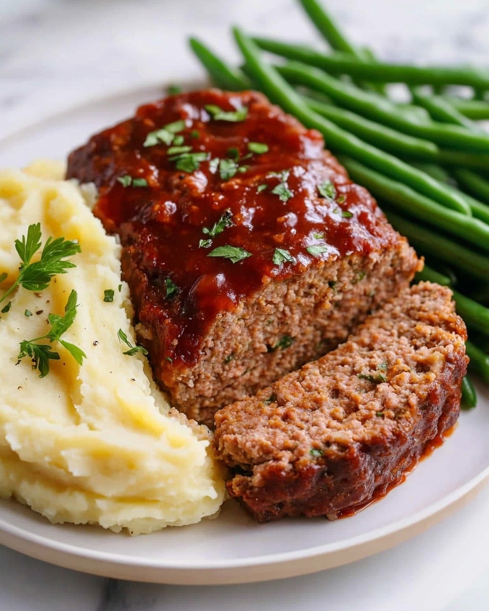 Classic Meatloaf with Tangy Ketchup Glaze, savory meatloaf recipe, easy comfort food dinner, flavorful meatloaf with glaze, family-friendly meatloaf dish On a white plate with a white marbled surface background, there are three main layers: a portion of mashed potatoes on the left side, which is creamy and pale yellow with a smooth, slightly lumpy texture and small green herb bits sprinkled on top; in the middle, two thick slices of meatloaf stacked together, showing a reddish-brown cooked inside mixed with visible herb pieces and a shiny red sauce layer covering the top and sides, garnished with small green herbs; and on the right side, a pile of green beans that appear fresh and bright green, lying in a loose bunch. The overall image is bright and clear, showing textures distinctly,