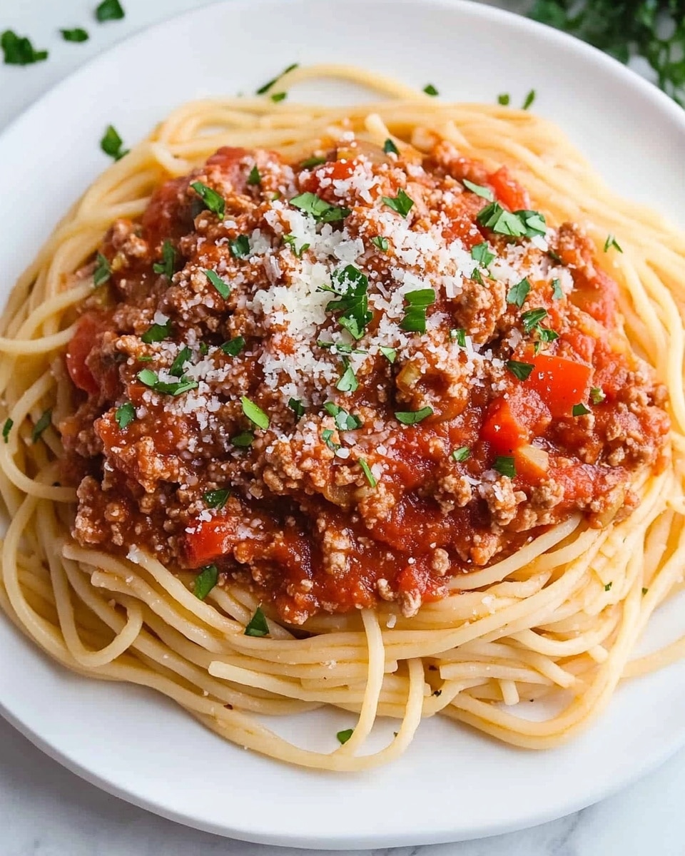 Turkey Spaghetti with Tomato Sauce and Vegetables, healthy turkey pasta, quick weeknight dinner, veggie-packed spaghetti, light comfort food The image shows a white plate with a serving of spaghetti layered at the bottom, light tan in color with a smooth texture from the noodles. On top of the spaghetti is a thick, chunky red tomato sauce mixed with browned meat pieces, adding a rich, textured layer. The sauce is sprinkled with shredded white cheese and small green parsley leaves, adding texture and color contrast. Nearby, there is a white pot filled with plain spaghetti noodles and a red cooking pot containing more of the red sauce with meat. A blue and white striped cloth is casually placed next to the plate on a white marbled surface with scattered parsley leaves around.