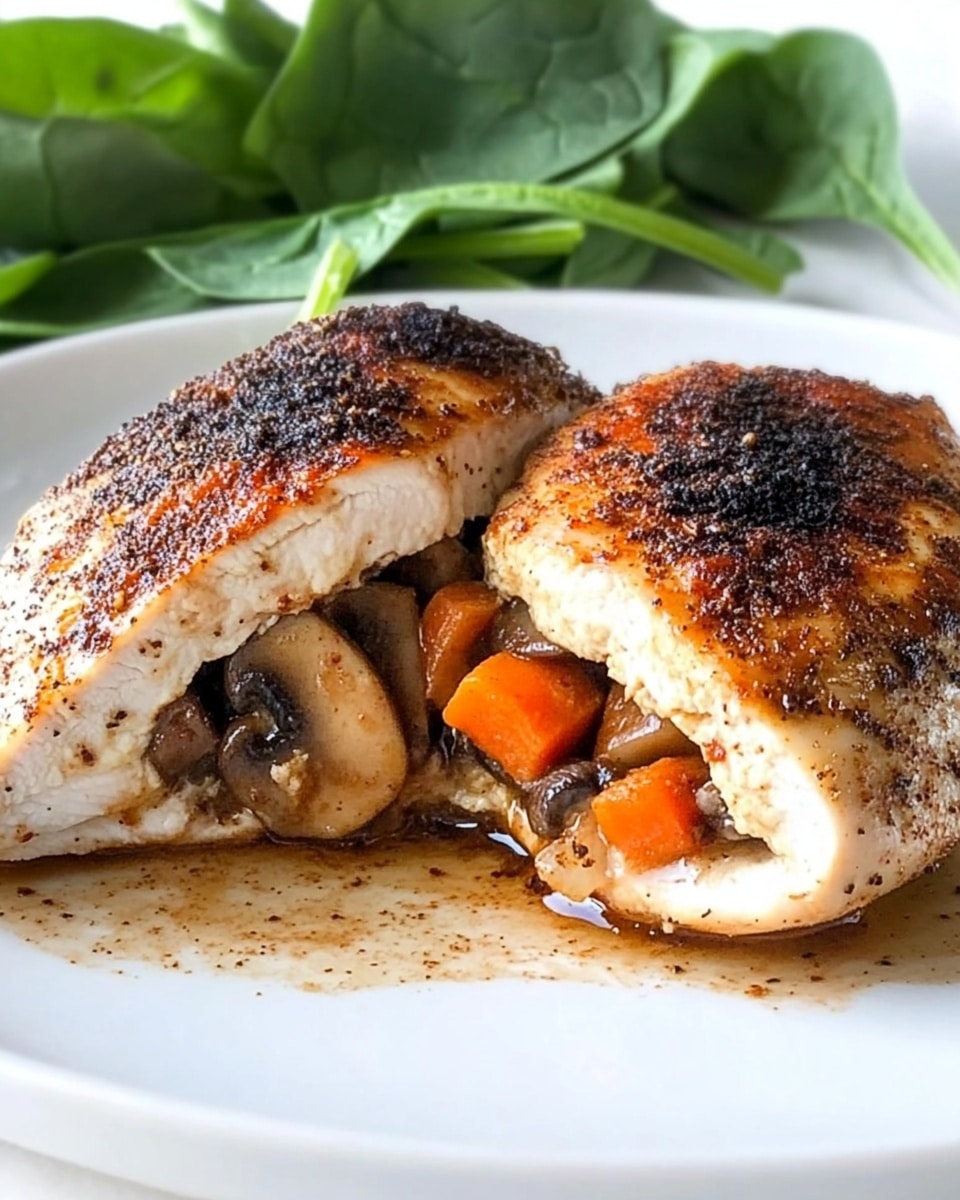 Cajun Stuffed Chicken Breast, Cajun Stuffed Chicken, Cajun Chicken Breast recipe, Stuffed Chicken Breast with Cajun spices, cheesy stuffed chicken A white plate holds a chicken breast, seasoned with dark brown and black spices on the outside, split open to show three layers inside: the white tender chicken layer on the outside, a smooth layer of melted white cheese, and a colorful mix of orange carrot and light brown mushrooms in the center. There is a bit of brown sauce around the chicken on the plate, and fresh green spinach leaves are in the background. The surface below the plate is a white marbled texture.