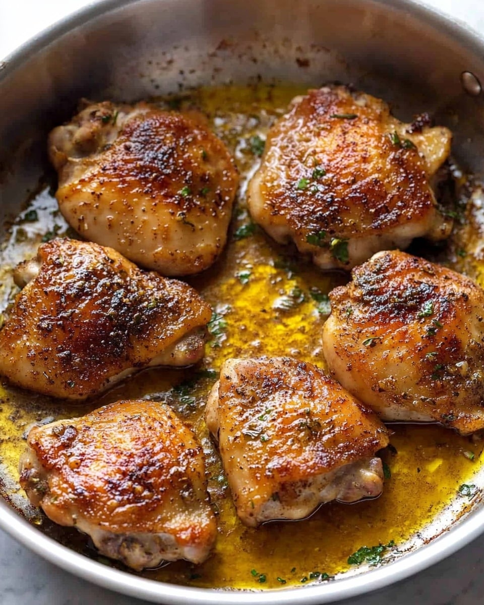 Crispy Garlic Chicken Thighs, garlic chicken thighs, crispy chicken recipes, easy garlic chicken dinner, juicy chicken thigh recipes A stainless steel pan filled with six pieces of golden-brown chicken thighs cooked with a slightly crispy and seasoned skin. Each piece has a dark, caramelized color on top with visible specks of herbs and small bits of garlic. The chicken rests in a shallow layer of light brown sauce that glistens slightly, showing a juicy texture. The pan surface near the chicken shows some browned bits and oil, giving a rich cooked look. The photo is taken from above on a white marbled surface.