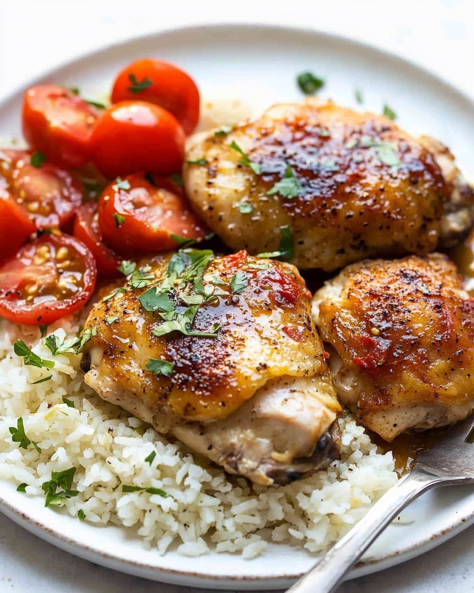 Crispy Garlic Chicken Thighs, garlic chicken thighs, crispy chicken recipes, easy garlic chicken dinner, juicy chicken thigh recipes The dish shows a white plate with three pieces of golden-brown cooked chicken thighs placed mostly on the right side of the plate. Underneath and around the chicken is a layer of fluffy white rice with some brown sauce drizzled on top, adding a glossy texture in spots. On the left side of the plate, there is a pile of halved bright red cherry tomatoes sprinkled with finely chopped green herbs. There is a silver fork holding a small piece of chicken on the left, and a serrated knife rests at the bottom edge of the plate with some rice scattered nearby. The background is a white marbled surface.