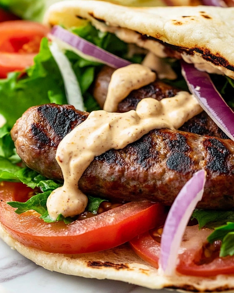 The image shows a close-up of a sandwich with three visible layers inside a soft flatbread folded over. The bottom layer includes slices of red tomato and pale red onion rings with a few green leafy pieces. The middle layer features a creamy pale beige sauce that is thick and smooth, drizzled over two grilled, dark brown sausages with a slightly shiny texture. The top layer has folded flatbread with light golden spots from cooking, resting on fresh green lettuce behind the sausages. On the right side, there are several bright red tomato slices with a juicy texture. The background is a white marbled surface. photo taken with an iphone --ar 4:5 --v 6.1