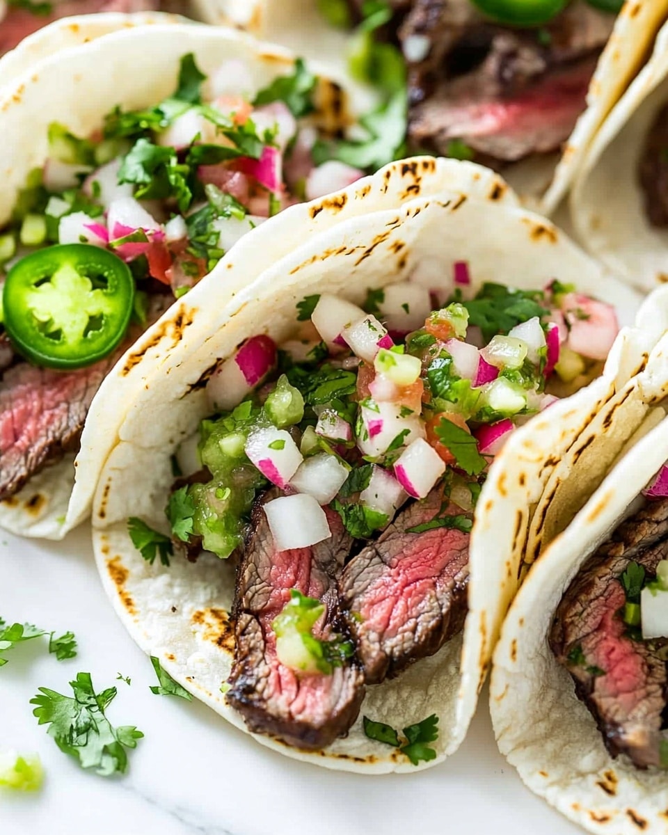 Four small tacos are placed on a white marbled surface lined with crumpled white paper. Each taco has three layers: the soft yellow tortillas that hold medium-rare grilled steak slices with a pink center and browned edges, topped with green jalapeño slices, diced white pineapple mixed with small pieces of red onion and red radish, and chopped fresh green herbs scattered on top. Around the tacos, there are lime wedges, thin slice rounds of jalapeño, and radish pieces spread randomly. A white bowl filled with the same pineapple and onion mix sits in the upper right corner. A woman's hand is holding the bottom right taco. photo taken with an iphone --ar 4:5 --v 6.1