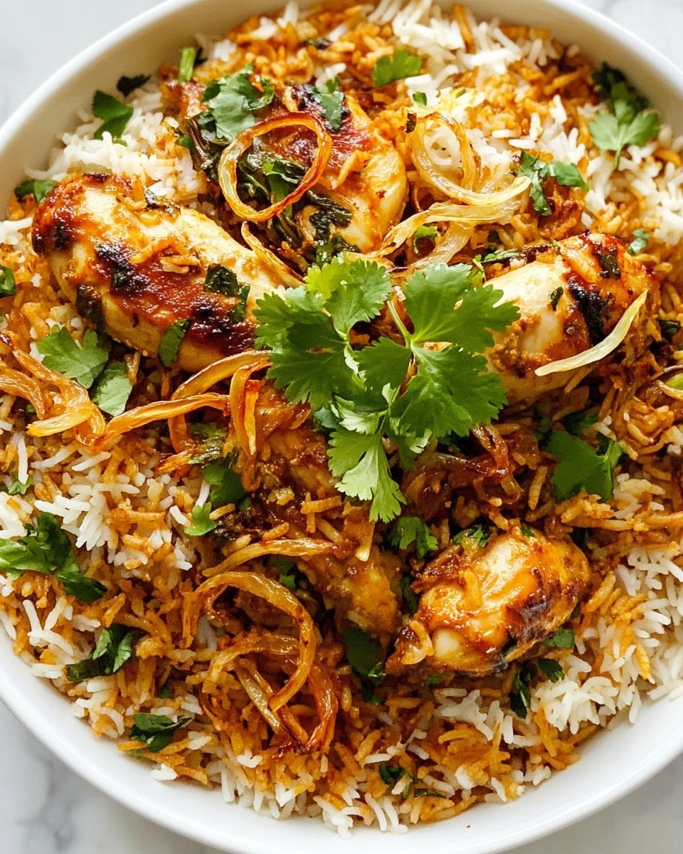 A large white bowl filled with a layered dish of long-grain rice cooked with spices, featuring white and yellow-orange grains mixed together. On top, there are several pieces of cooked chicken with a light brown sear and some herbs sprinkled on them. Scattered throughout are thin, crispy fried onion strips adding a deep brown and slightly charred texture. Fresh green cilantro leaves are spread over the dish, with a small bunch of bright green fresh mint leaves placed in the center. The bowl sits on a surface with a white marbled texture. Photo taken with an iphone --ar 4:5 --v 6.1
