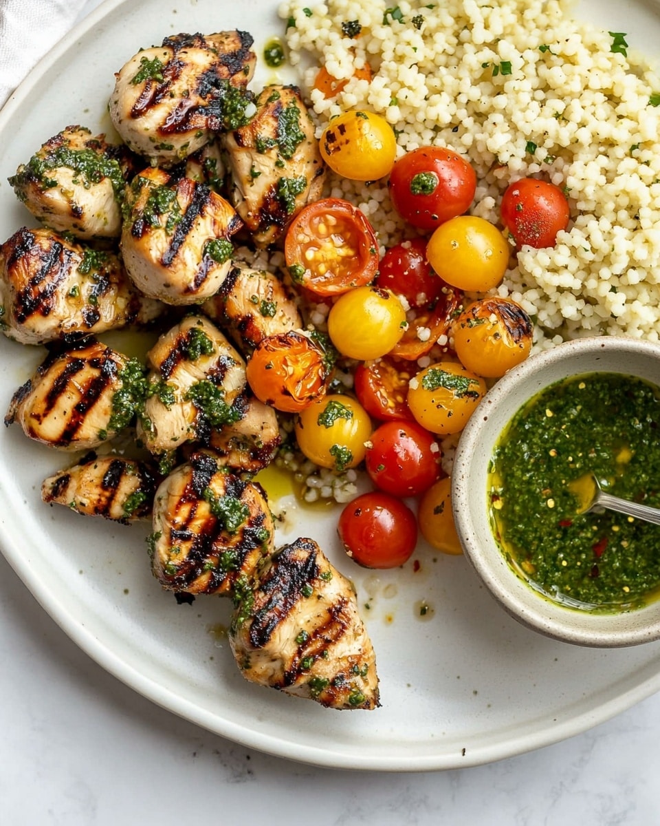 The dish shows a white plate with three pieces of grilled chicken, each covered with bright green herb sauce that has a slightly chunky texture. The chicken has clear dark grill marks and a golden brown color with some charred spots. On the left side of the plate, there is a serving of small yellow couscous mixed with diced red and yellow bell peppers, giving a pop of color and a grainy texture. Behind the chicken, there is a small round dipping bowl with green sauce inside, and a silver spoon resting in it. The whole plate sits on a white marbled surface. Photo taken with an iphone --ar 4:5 --v 6.1