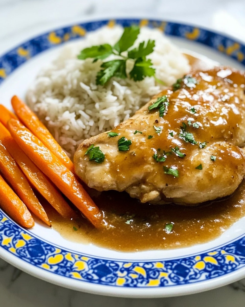 A white plate with blue and yellow patterns holds a serving of golden-brown cooked chicken piece covered in glossy light brown sauce, sitting nest to a small mound of white rice topped with fresh green herb leaves. On the left side of the chicken, several shiny glazed carrot sticks are arranged in a fan shape. All the food sits on a thin layer of sauce that pools around the chicken and carrots. The background is a white marbled surface. photo taken with an iphone --ar 4:5 --v 6.1