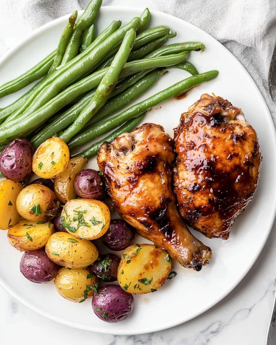 The image shows a white plate on a white marbled surface with two pieces of shiny brown glazed cooked chicken on the right side. To the left of the chicken, there are small round roasted potatoes in different colors: yellow, purple, and light brown, some with herbs sprinkled on them. Above the potatoes, there is a bunch of green beans, bright and fresh-looking, arranged neatly. A silver fork is placed on the right side near the plate. The lighting highlights the glossy texture of the chicken and the fresh colors of the vegetables. photo taken with an iphone --ar 4:5 --v 6.1