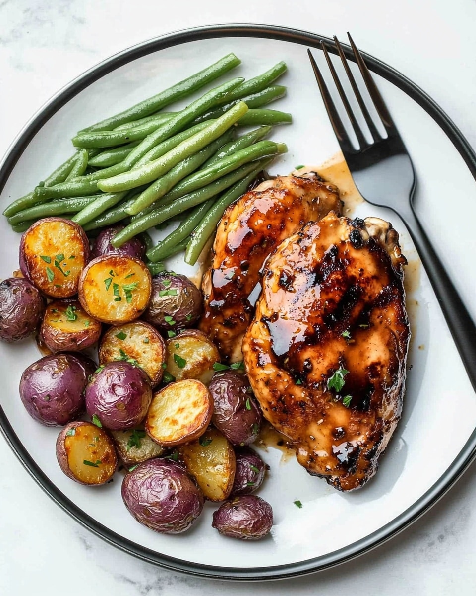 The image shows a white plate with a thin black rim, placed on a white marbled surface. On the plate, there are two pieces of grilled chicken with a shiny, caramelized brown glaze positioned on the right side, slightly overlapping at the bottom. To the left of the chicken, there is a pile of small round roasted potatoes in shades of yellow, purple, and brown with small green herb sprinkles on top. Above the potatoes, on the upper left side of the plate, is a neat stack of bright green steamed green beans, aligned horizontally. A dark metal fork rests on the right edge of the plate pointing downward near the chicken. Photo taken with an iphone --ar 4:5 --v 6.1