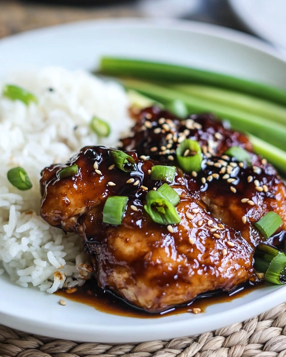 A white plate with three main layers of food: on the left is a shiny, dark brown glazed piece of chicken topped with sesame seeds and small green onion pieces, in the middle is a mound of white steamed rice, and on the right are green cooked long beans. A silver fork rests between the chicken and rice. The plate sits on a woven straw mat with a blurred white marbled background visible. photo taken with an iphone --ar 4:5 --v 6.1