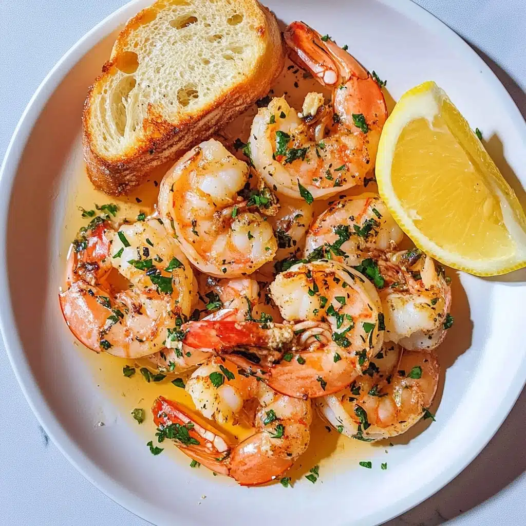 Easy Shrimp Scampi, shrimp scampi with garlic and lemon, quick seafood dinner, effortless shrimp pasta, gourmet shrimp dish A white plate holds a serving of cooked shrimp covered with small pieces of green herbs and bits of garlic, showing a shiny, orange-pink color with some areas slightly browned. There are about ten shrimp arranged loosely over the plate. Near the shrimp, there is a thick piece of crusty, golden-brown bread with a soft, light yellow inside that looks buttery and slightly oily. On the plate, below the shrimp, sits a bright yellow lemon wedge with visible juicy segments. The plate rests on a surface with a white marbled texture.