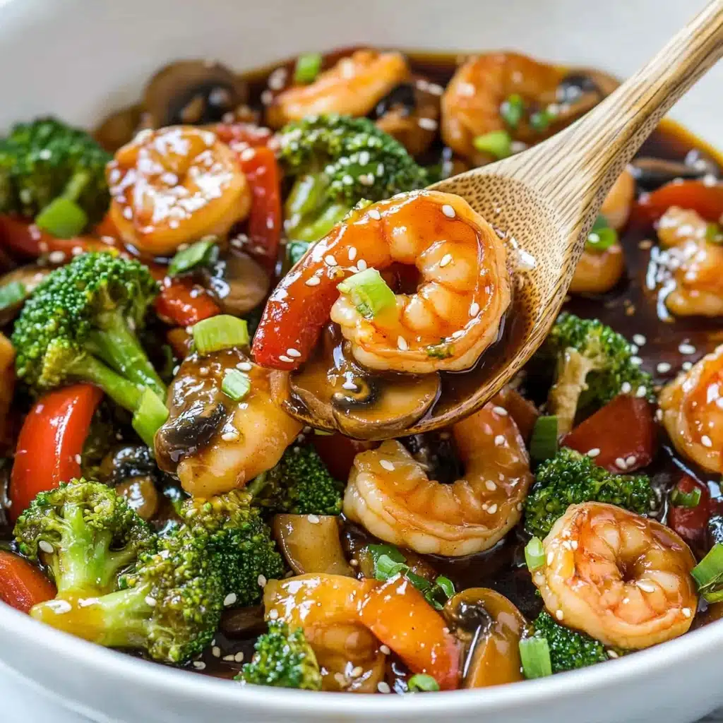 Easy Shrimp Stir Fry, Shrimp Stir FryRecipe, Quick Shrimp Dinner, Healthy Shrimp Stir Fry, Easy Weeknight Stir Fry The dish shows cooked shrimp with a shiny orange color, mixed with small green broccoli pieces, sliced brown mushrooms, and bright red bell pepper bits. Everything is covered in a thick dark brown sauce that looks glossy. Small pieces of chopped green onion are scattered on top, along with white sesame seeds adding a bit of texture. The ingredients fill the frame closely, all sitting on a white marbled surface.