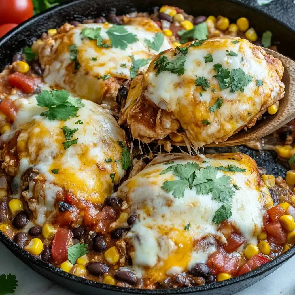 Santa Fe Chicken Skillet, Black Beans Corn and Melted Cheese, southwestern chicken skillet, easy chicken skillet dinner, hearty weeknight chicken dish The image shows a black cast iron skillet containing four pieces of cooked chicken topped with melted white and yellow cheese. Each chicken piece is placed over a thick base made of a mix of cooked black beans, yellow corn kernels, and diced red tomatoes. Small green cilantro leaves are sprinkled on top of the cheese for decoration. A wooden spoon is lifting one piece, showing the colorful bean and vegetable base underneath. The skillet is set on a white marbled surface with some small red tomatoes visible at the edges.
