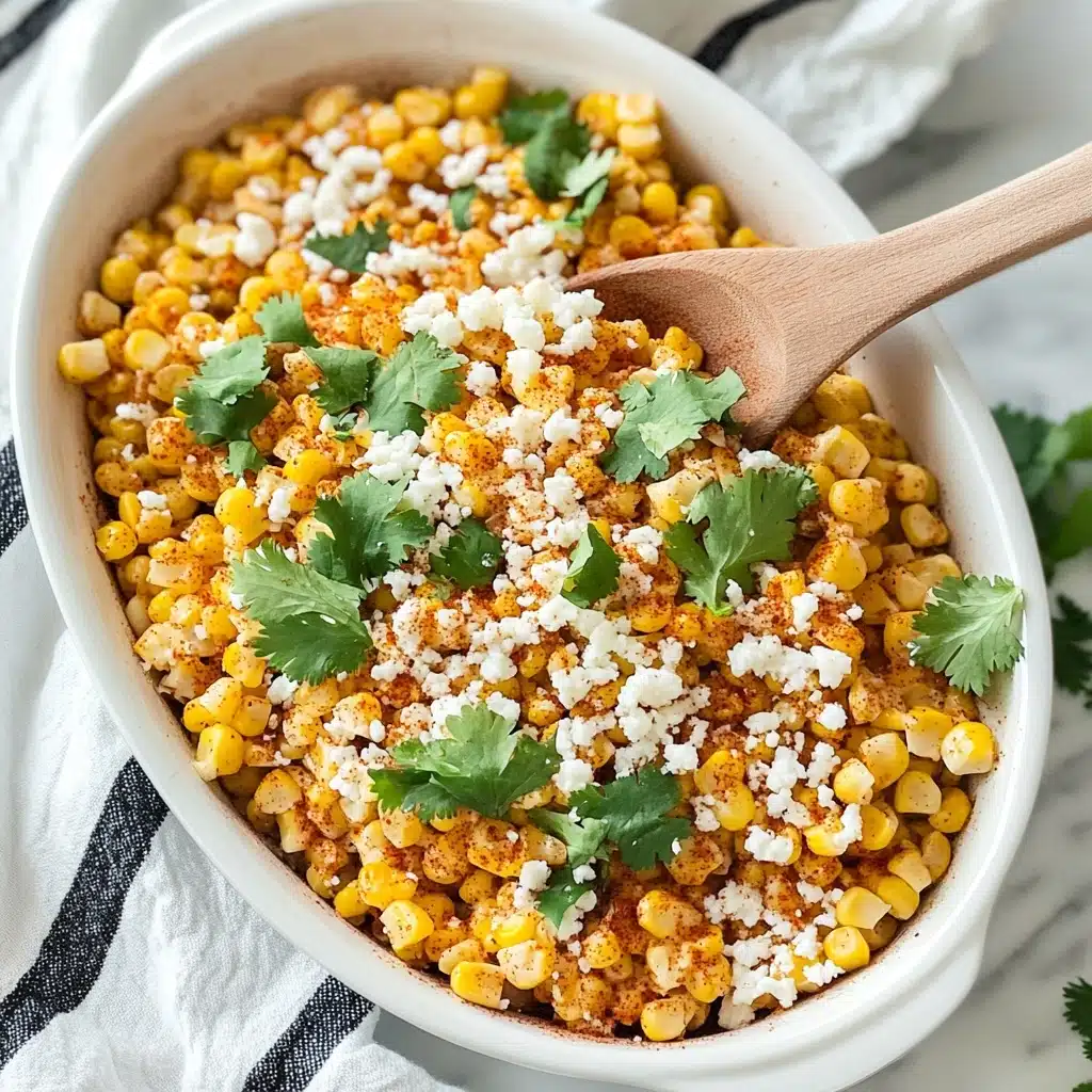 Mexican Street Corn, Mexican Street Corn Recipe, authentic street corn, grilled corn with cotija, easy Mexican corn side dish The image shows a white oval dish filled with cooked golden yellow corn, seasoned with a reddish spice. The corn is topped with white crumbled cheese and fresh green cilantro leaves scattered evenly across the surface. A wooden spoon rests inside the dish, scooping a portion of the corn. The dish sits on a white marbled surface with a white and black striped cloth partially visible underneath. The textures include the soft, shiny corn kernels, crumbly cheese, and fresh leafy garnish.